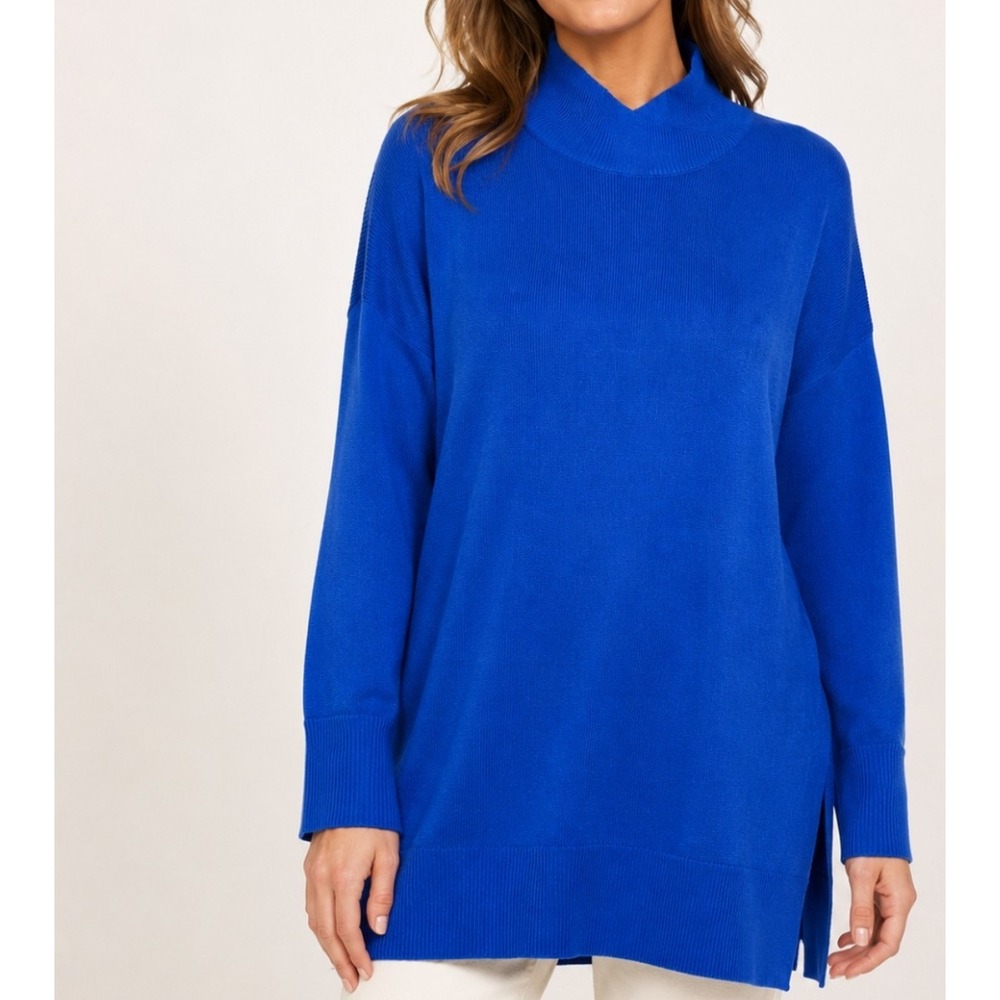 New York & Company Tunic Sweater Women L Blue Mock Neck High Low Knit